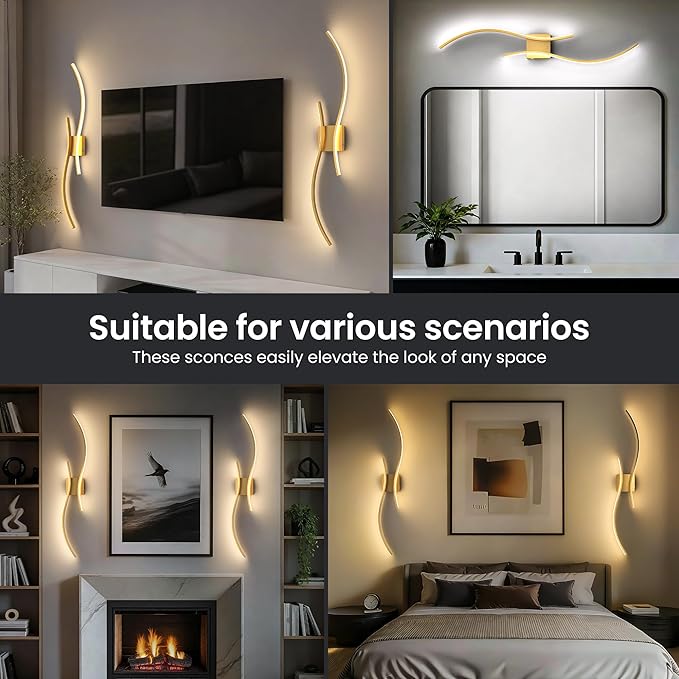 Battery Operated Wall Sconces Set of Two, 10000mAh Rechargeable Modern Wall Lights with Remote Control, Dimmable Gold LED Cordless Lighting for Living Room, Bedroom, Hallway, 31.5 Inch, 3CCT