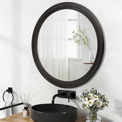CULER Round Wall Mirrors 36 Inch,Wood Rustic Decorative Transitional Mirror with Walnut Frame for Wall,Farmhouse Mirror for Bathroom Bedroom Living Room or Entryway（Dark Brown）