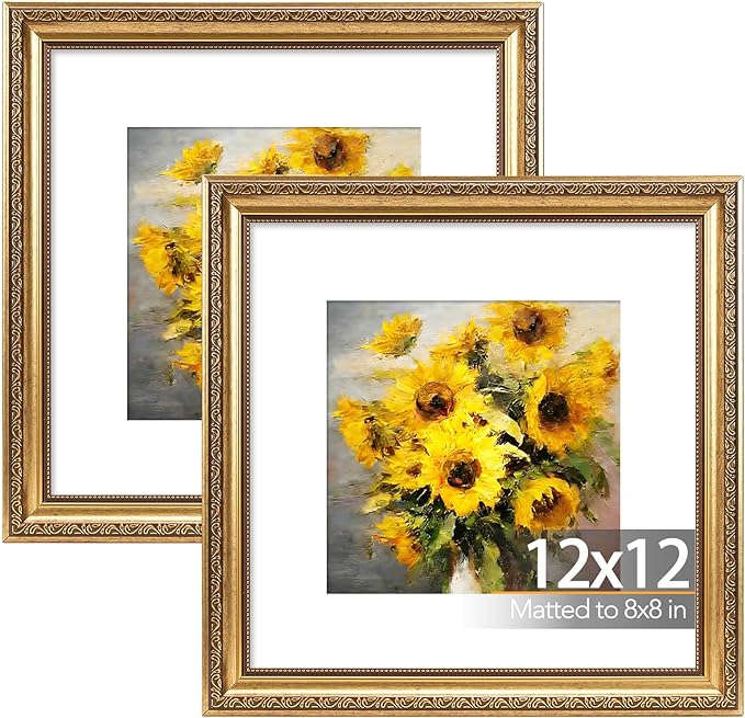 JCJMY 12x12 Vintage Picture Frame with 8x8 Mat Set of 2, Elegant Retro 12 by 12 Photo Frame with Shatter-Resistant Plexiglass for Wall Hanging, Gallery Decor & Gift, Gold, 2 Pack