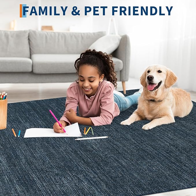 Hallway Runner Rug 2.5x8 Washable Non Slip Kitchen Runner Rugs Low Pile Modern Solid Color Living Room Rugs Minimalist Plain Entry Long Runners Boho Accent Solid Runner Rugs for Bedroom Nursery, Blue