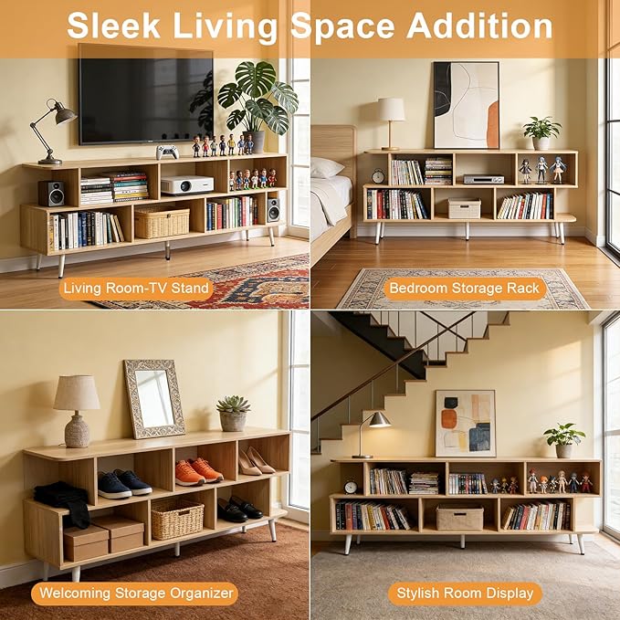 Lightdot 65 Inch TV Stand, up to 75 Inch TVs, Large Storage for Collection with 8 Open Shelves, Sturdy Media Console Table for Living Room/Entrance/Kitchen/Sofa Cabinet, Easy Assembly, Walnut