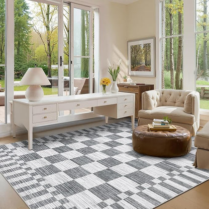 GarveeHome Grey Checkered Rug 5×7 Area Rugs for Living Room，Non-Slip Washable Rug Soft Low-Pile, Modern Farmhouse Geometric Rugs for Bedroom Dining Room