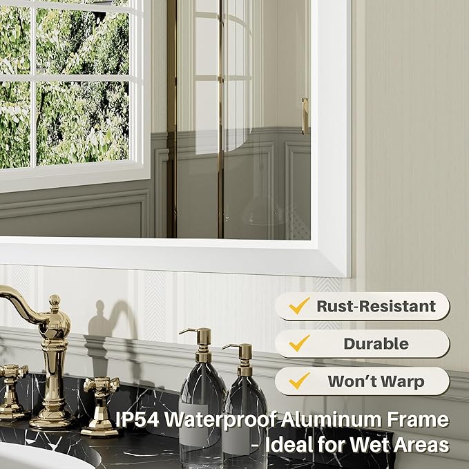 40x30 Inch White Bathroom Mirror for Wall, Thick Metal Framed Rectangle Mirrors for Over Sink, Bedroom, Living Room, Entryway, Anti-Rust, HD Tempered Glass