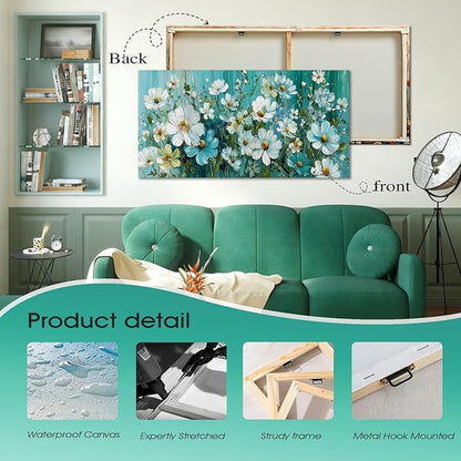 BQVCT White Daisy Floral Wall Art 30x58 Inch Large Gallery Wrapped Canvas Print Turquoise Blue Botanical Painting on Textured Background Ready to Hang for Living Room Bedroom Office Decor