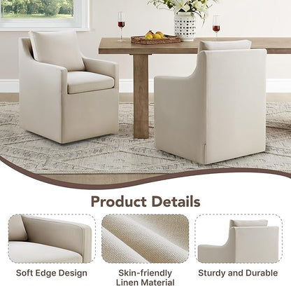 KISLOT Upholstered Dining Chairs Set of 1, Modern Dining Room Chairs with Casters & Washable Cover, Rolling Accent Chair with Hidden Storage for Kitchen, Farmhouse, Living Room, Flax Beige, 1 Box