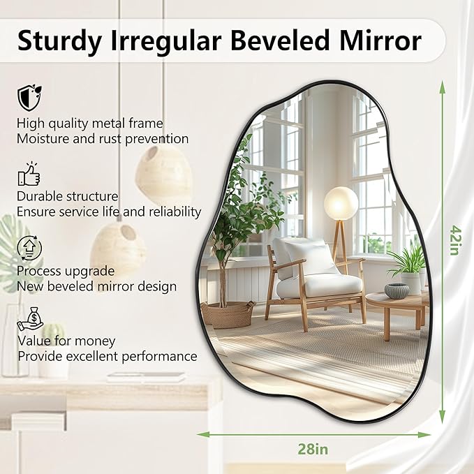 POZINO Irregular Beveled Mirror, 42"x28" Asymmetrical Bathroom Vanity Mirror with Metal Frame, Cloud Shaped Wall Mirrors for Living Room Bedroom Hallway Entryway, Horizontal or Vertical Hanging