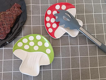 Ceramic Spoon Rest for Stove Top & Kitchen Counter Spoon Holder for Stove & Cooking Spoon Holder for Ladle Cute Spoon & Utensil Rest Tong Spatula Rest, Mushroom Kitchen Decor & Accessories (Green)