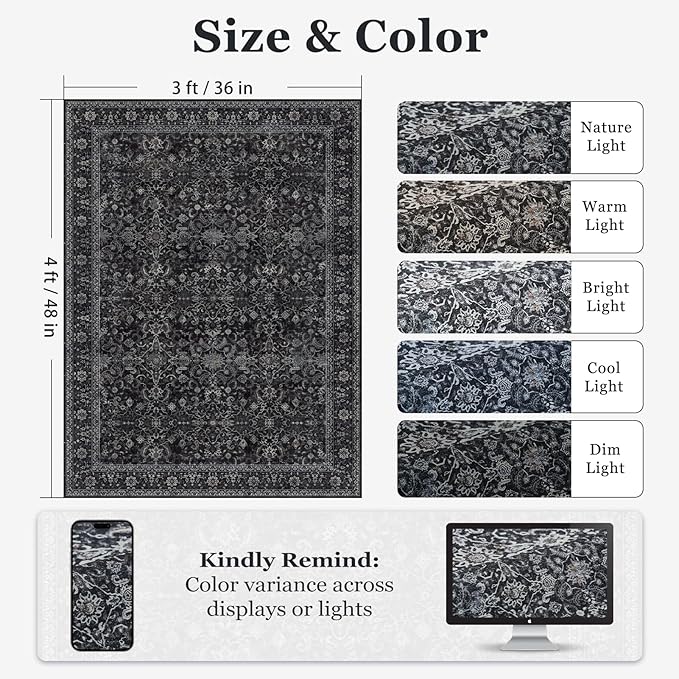 Dark Small Area Rugs 3x4, Earth Tone Throw Rugs for Kitchen Bathroom Bedroom, Washable Non Slip Ultra Thin Front Back Indoor Door Mats for Entrance Entryway Foyer, Vintage Farmhouse Midnight
