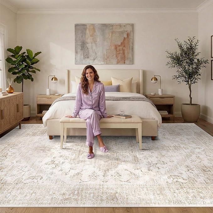 Rugxara 10x14 Extra Large Washable Area Rug, Soft Neutral Vintage Boho Rug for Living Room, Bedroom, Office, Farmhouse, Low Pile Imitation Wool Non Slip Carpet Ideal for High-Traffic Areas, Beige