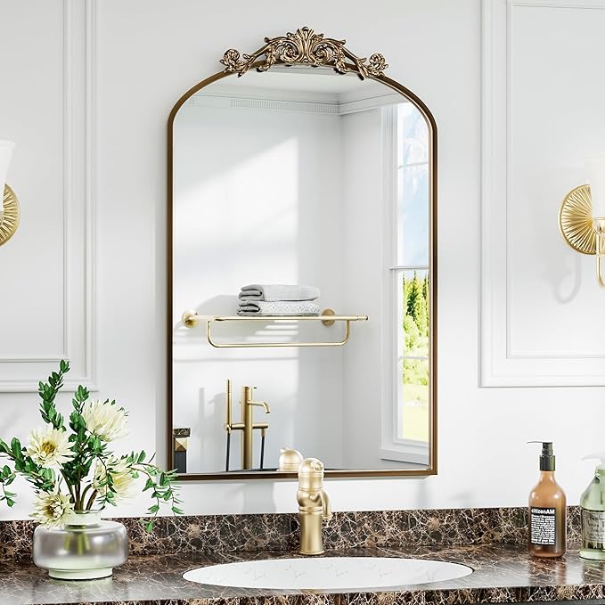 Dewfig Antique Arched Wall Mirror, 24"x36" Vintage Bronze Bathroom Mirror - Baroque Metal Frame Brass Mirror for Living Room, Bathroom, Fireplace, Entryway, Bronze
