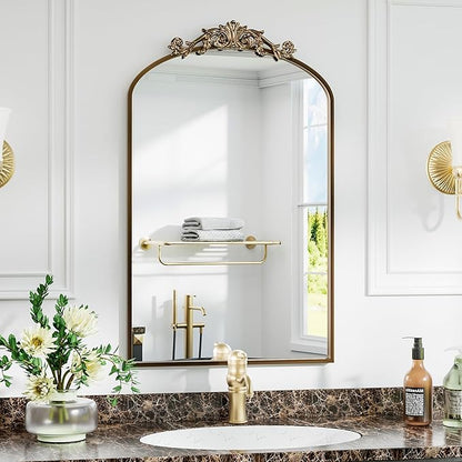 Dewfig Antique Arched Wall Mirror, 24"x36" Vintage Bronze Bathroom Mirror - Baroque Metal Frame Brass Mirror for Living Room, Bathroom, Fireplace, Entryway, Bronze