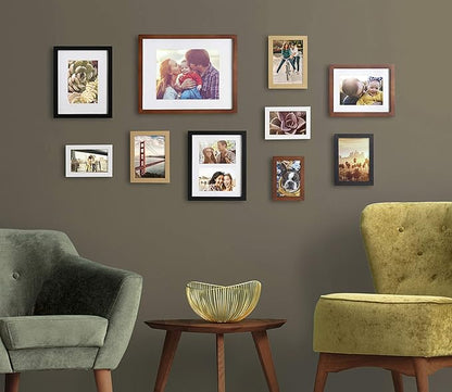 Kate and Laurel Gallery Mid-Century Wood Wall Frame Set, Set of 10, Walnut Brown, Gold, Black, and White