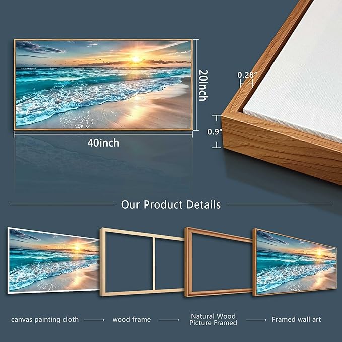 hyidecorart Large Wall Art For Living Room Wall Decor For Bedroom Office Wall Decor Wood Framed Canvas Wall Painting Blue Sea Wave Pictures Modern Beach Seascape Posters Home Decorations Artwork