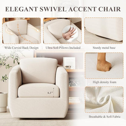 MALOL 360° Swivel Accent Chair Set of 2- Comfy Living Room Armchair No-Sag Foam & Sturdy Metal Base with Pillow, Fully Assembled Swivel Accent Single Sofa for Bedroom, Office, Beige