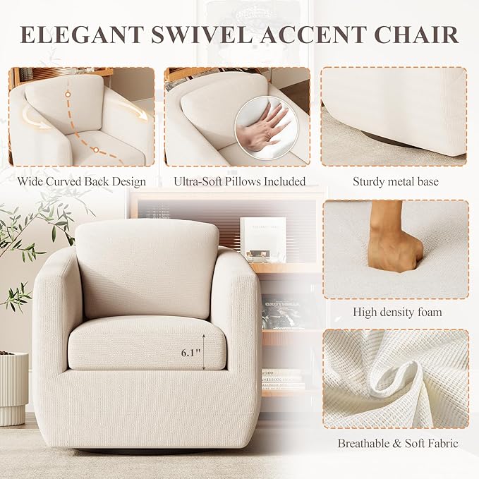MALOL 360° Swivel Accent Chair- Comfy Living Room Armchair No-Sag Foam & Sturdy Metal Base with Pillow, Fully Assembled Swivel Accent Single Sofa for Bedroom, Office, Beige