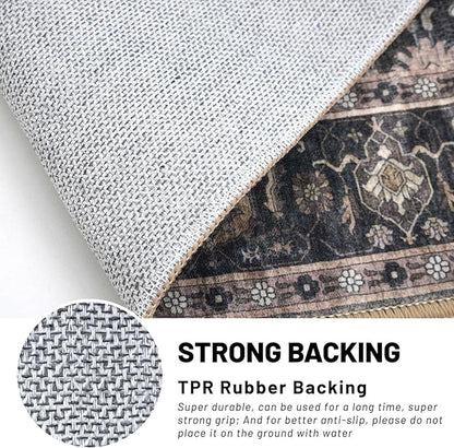 KUTA Vintage Washable Runner Rug, 2.6x10 Brown Runners for Hallways Non-Slip Kitchen Rugs Ultra Thin Soft Printed Distressed Oriental Floral Floor Carpet for Laundry Living Room Nursery