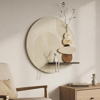 3D Textured Neutral Abstract Wall Art Decor With Shelf, Boho Beige and Brown Artwork for Walls With Green Accent, Modern Minimalist Wall Decor for Living Room, Hallway, Kitchen, Bedroom, Office, 24x24