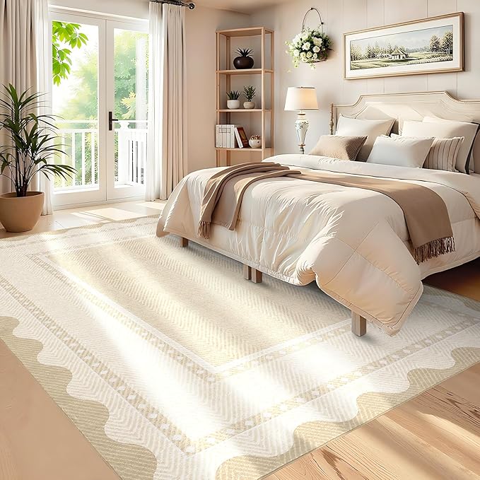 GarveeHome Modern Neutral 9x12 Area Rug Large Washable Rugs for Living Room, Low Pile Non Slip Stain-Resistant Soft Carpet, Contemporary Border Pattern Floor Mats for Home Decor, Beige