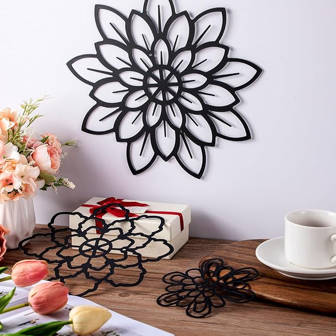 Moxweyeni 3 Pieces Metal Flowers Wall Decoration, Metal Rustic Wall Art Farmhouse Multiple Floral Hanging Decoration for Bathroom Living Room Kitchen Garden Office(Black)