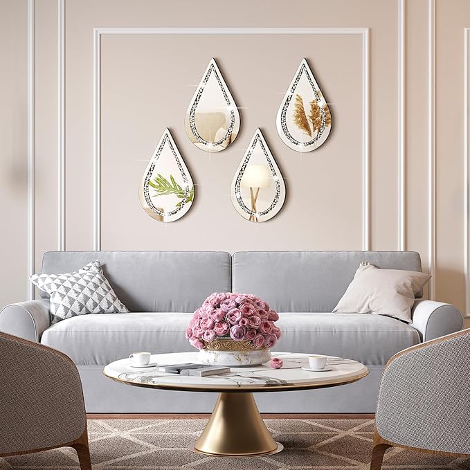 Yookeer 4 Pcs Silver Mirror Wall Decor Tear Drop Diamond Mirrors 11.8 x 6.7 Inches for Living Room Bedroom Bathroom Wall Decoration
