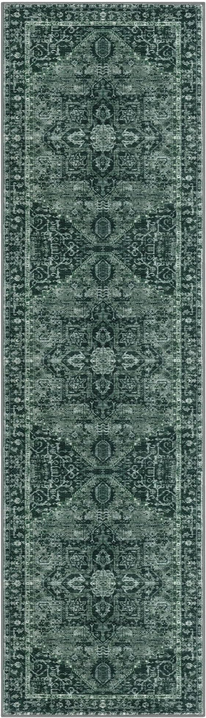 KOZYFLY Runners for Hallways 2x7 Ft Washable Kitchen Runner Rug Boho Runner Rug for Entryway Indoor Printed Faux Wool Long Floor Carpet Runner for Bedroom Laundry Kitchen Hallway, Dark Green