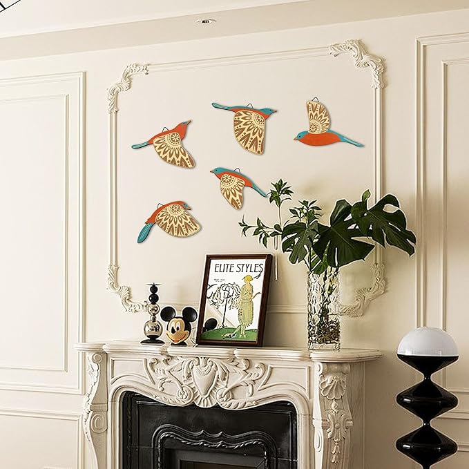 Vumyhuby 5 Pcs Teal Wooden Bird Wall Art | Rustic Folk Art Wall Decor for Indoor Use | Handcrafted Wood Flying Birds Wall Hangings for Living Room, Bedroom, Kitchen, Office | Scandinavian Home Decor Gift