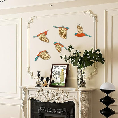 Vumyhuby 5 Pcs Teal Wooden Bird Wall Art | Rustic Folk Art Wall Decor for Indoor Use | Handcrafted Wood Flying Birds Wall Hangings for Living Room, Bedroom, Kitchen, Office | Scandinavian Home Decor Gift
