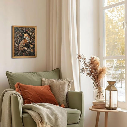 Framed 3D Textured Vintage Wall Art - Dark Academia Decor Hand Drawn Sandstone Fox Paintings with Botanical Florals, Aesthetic Wall Decor for Living Room Bedroom Home 8x10 inch