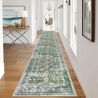 KUTA Vintage Long Runners for Hallways, 2.6x12 Green Washable Non-Slip Kitchen Rugs Ultra Thin Soft Printed Distressed Oriental Floral Floor Carpet for Laundry Bedroom Living Room Nursery
