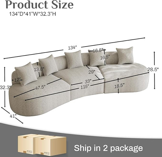 134" Oversized Sectional Sofa for Living Room, Modern Luxury Plush Chenille 4-Seater Extra Deep & Wide Seat Curved Cloud Couch with 5 Throw Pillows, No Assembly Needed, Light Grey
