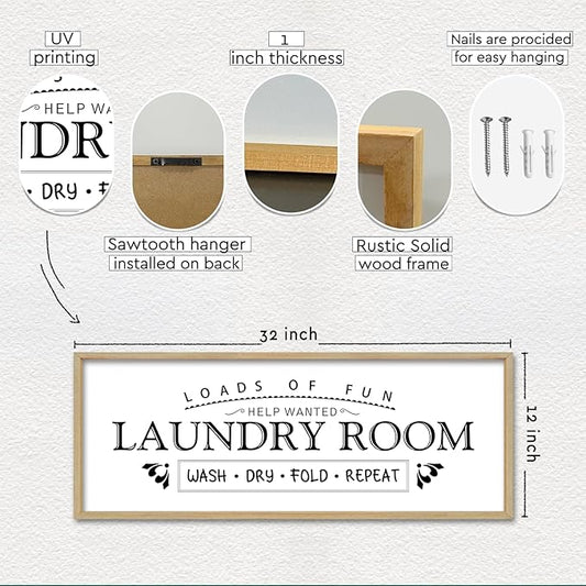 Wash Dry Fold Repeat Wall Decor Art 32"X12" Laundry Room Sign Bathroom Laundry Rules Large Wood Framed Wall Hanging (Wood)