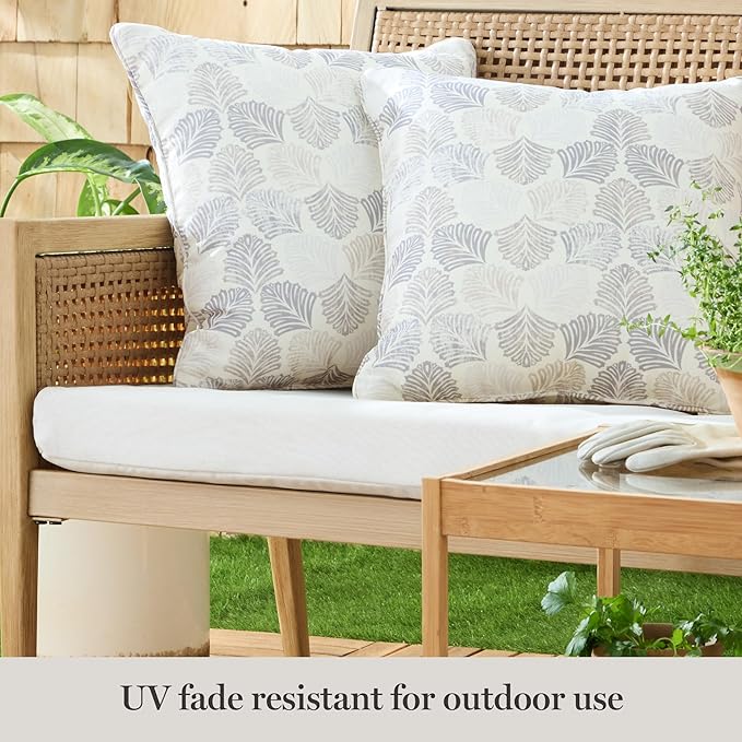Martha Stewart Modern Banana Leaves Indoor Outdoor Decorative Pillow 2-Pack Set, UV Fade Resistant, Water Repellent, Printed Tropical Design, Warm Grey, 18"x18"
