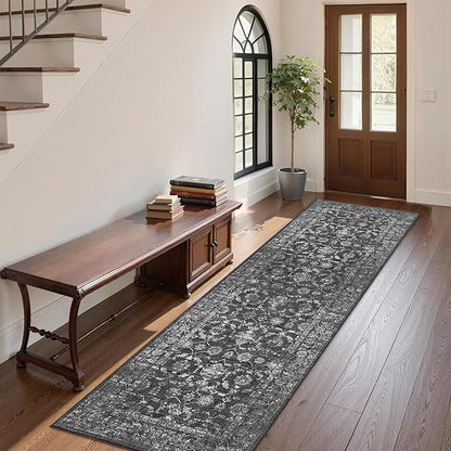 2x7 Black Runner Rug Hallway Washable Area Rugs Kitchen Vintage Boho Non Slip Long Rug Floral Carpet Indoor Retro Soft Low Pile Throw Rug for Bedroom Bathroom Laundry Dining Living Room Office