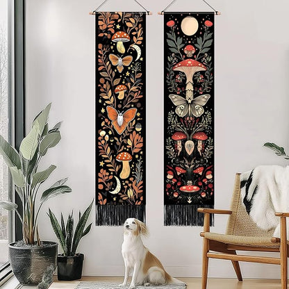 AOHMPT Pack of 2 Long Vertical Tapestry,Nature Landscape Tapestry with Serene Mountain River, Moon & Sun Motifs,Traditional Ink Painting Wall Art,Zen Aesthetic Wall Hanging for Living Room Bedroom Decor 13" W x 51" H"