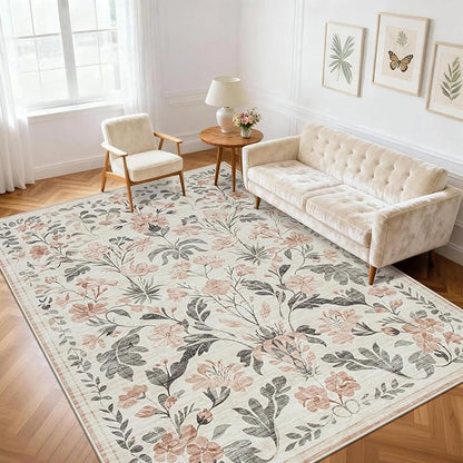 5x7 Area Rugs Washable Rug: Lagre Boho Living Room Rug Soft Non-Slip Thin Carpet Indoor Floor Non-Shedding Neutral Floral Carpets for Bedroom Dining Room Farmhouse Nursery Pink