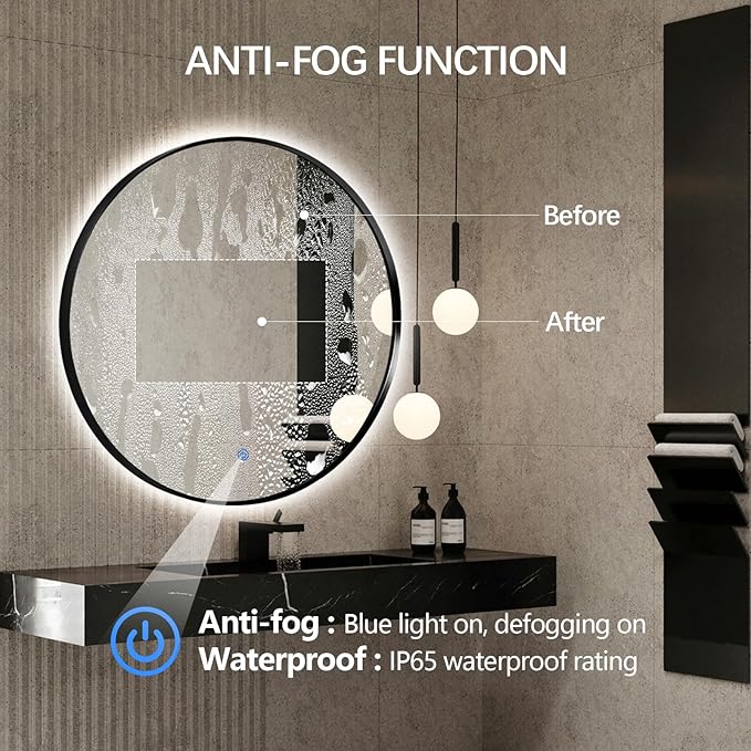 Niccy 36" LED Backlit Round Mirror for Bathroom, Black Framed Vanity Light Wall Mirror, LED Smart Circle Mirrors with 3 Lighting Colors, Round Lighted Mirror with Anti-Fog, IP65 Waterproof