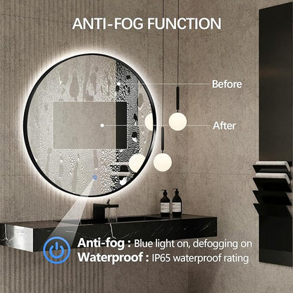 Niccy 36" LED Backlit Round Mirror for Bathroom, Black Framed Vanity Light Wall Mirror, LED Smart Circle Mirrors with 3 Lighting Colors, Round Lighted Mirror with Anti-Fog, IP65 Waterproof