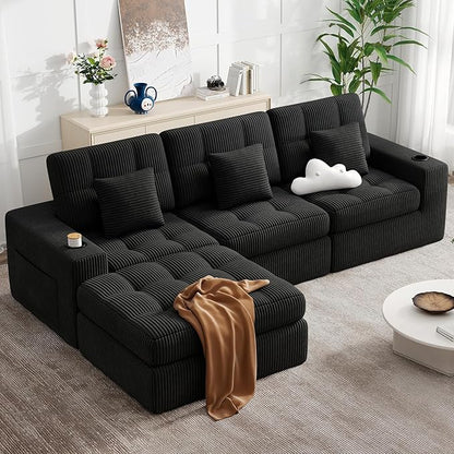 112" L Shaped Cloud Boneless Couch,Modern Modular Sectional Sofa with Layered Cushion,No Assembly Convertible Corduroy Couches for Living Room,Black 1 PCS