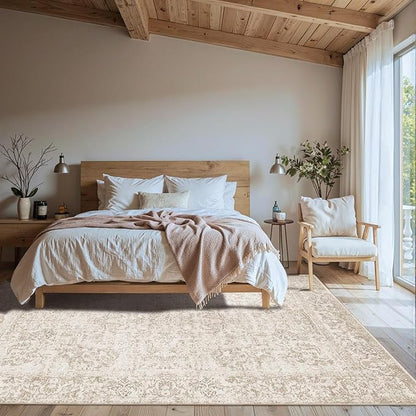 Rugxara 5X7 Washable Area Rug for Living Room, Vintage Neutral Large Boho Rugs for Office, Dining Room, Kids Room, Farmhouse, Durable Low Pile Non Slip Carpet for High Traffic Areas, Light Bown