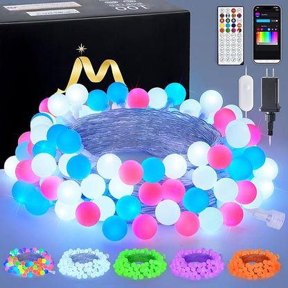 JMEXSUSS 100 LED Color Changing String Lights, 33ft Globe Red White and Blue Lights with Remote & APP, Clear Wire Smart Fairy String Light Indoor Plug in for 4th of July Independence Day Halloween