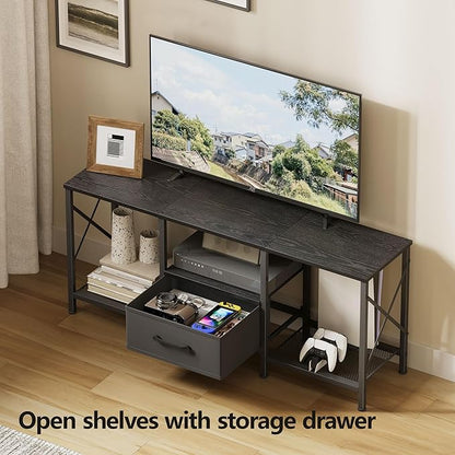 JARHETUN TV Stand with Fabric Drawer, Entertainment Center for 50 55 Inch TV, Industrial TV Console Table with Open Storage Shelves for Living Room, Bedroom, Black