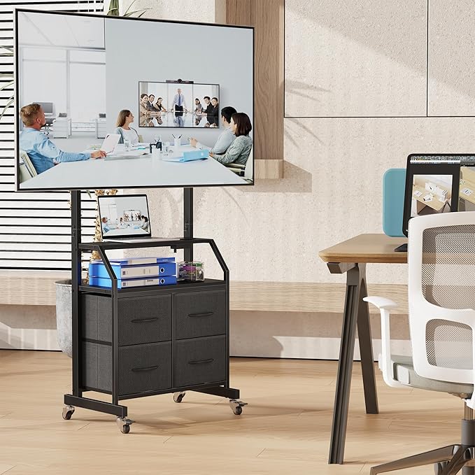Rolling TV Stand with Mount & 4 Fabric Drawers - TV Stand with Wheels for 32-75" TV, Entertainment Center & Console Table for Living Room or Bedroom, Modern Television Stand with Storage, Black