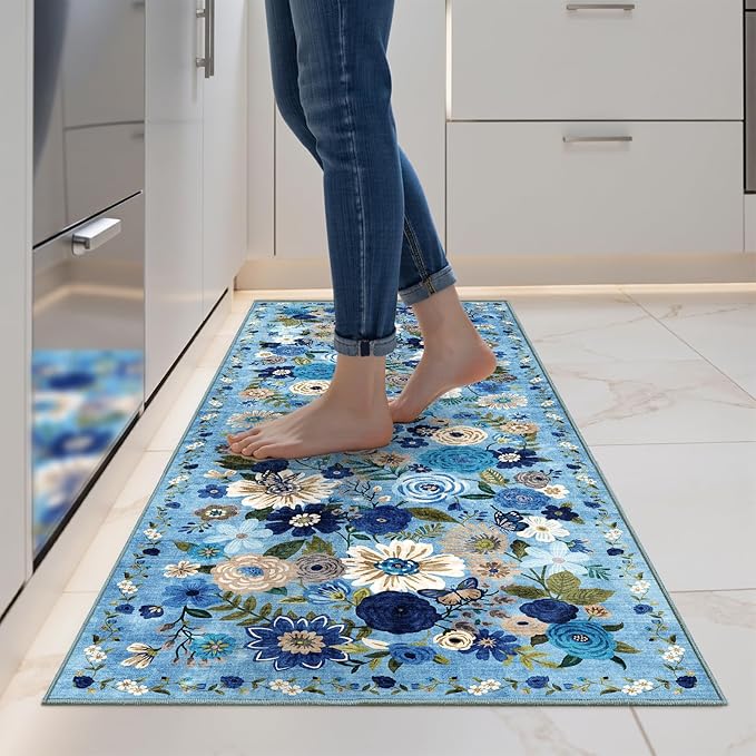 2x5 Entryway Runner Rugs, Non Slip Washable Rugs with Rubber Backing Soft Floral Carpet Runner for Kitchen, Laundry, Bedroom, Bathroom, Blue Garden
