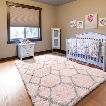 ONASAR 6x9 Area Rugs for Living Room Bedroom, Large Fluffy Pink and Grey Throw Rug, Geometric Soft Plush Shaggy Fuzzy Floor Carpet for Nursery Kids Girls Boys Teen Dorm Home Office Decor