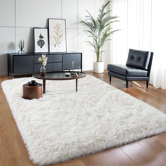 KICHOWUA Thick Area Rug 5x7 Cream White Fluffy Shag for Girl Bedroom,Ultra Soft Plush Fuzzy Washable Thickened Non-Slip Floor Carpet,Modern Furry Shaggy Rug for Living Room Nursery Kids Boy Dorm,Ivory