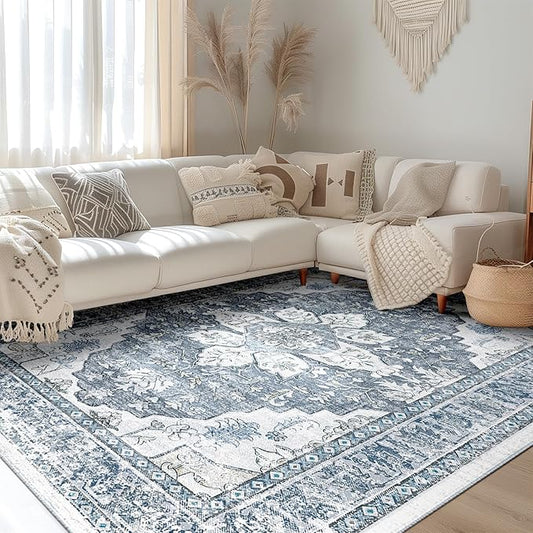 BESTSWEETIE 5x7 Area Rug Washable Rugs for Living Room, No Pile Boho Carpet for Entryway Bedroom Dinning Room, Vintage Carpet Print Distressed Non-Slip, 5 x 7 ft, Blue Grey White