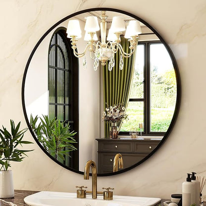 HARRITPURE Round Mirror 24 Black Wall Mounted Circle Mirrors Vanity Mirror with Brushed Aluminum Alloy Frame Modern Decoration for Bathroom, Living Room, Vanity, Bedroom, Entryway