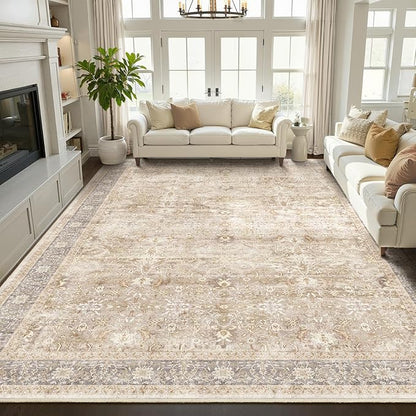 Large Rugs for Living Room 10x14, Farmhouse Big Area Rug for Bedroom Dining Room, Washable Non Slip Low Pile Thin Room Rug for Dining Room Family Room, Earth Tone Beige Taupe