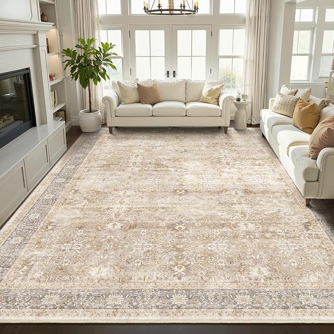 Vintage Neutral Large Area Rugs 9x12 for Living Room, Earth Tone Beige Taupe Big Room Carpet Rug for Bedroom Dining Room, Washable Rug with Rubber Backing Low Pile Thin Soft for Family Room