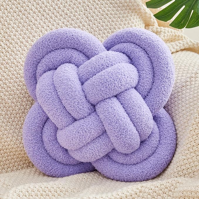 Knot Pillow, 12" Soft Decorative Throw Pillows for Couch Bed, Gray Pink Knotted Plush Throw Pillow Handmade Square Cushion Home Decor Pillows (Purple, 12 Inches X12 Inches)